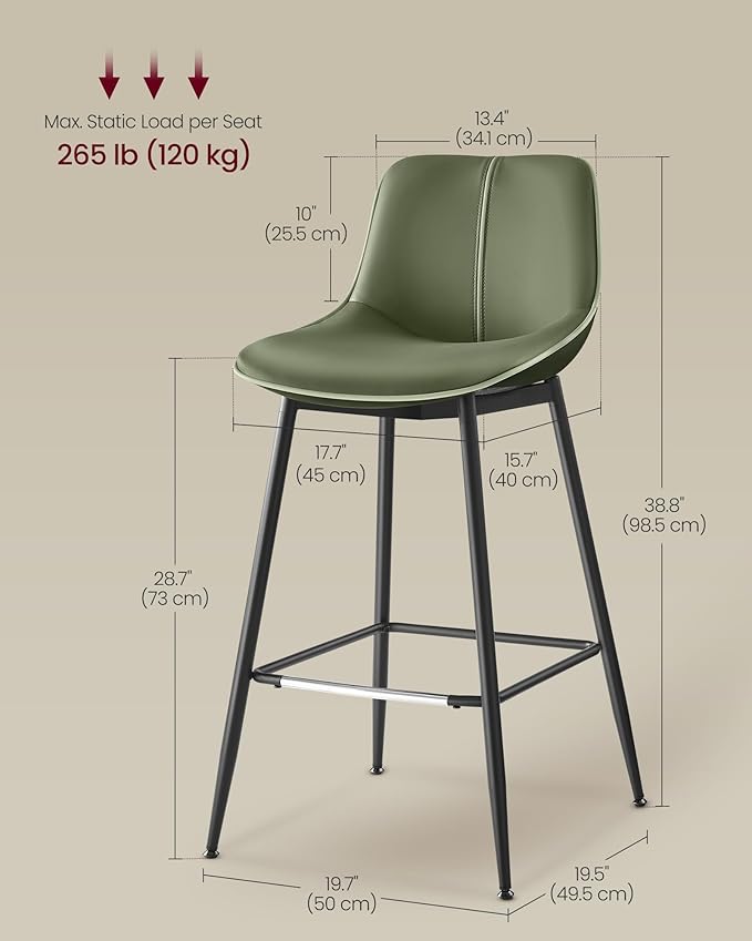 VASAGLE Bar Stools Set of 2, Bar Height Bar Stools with Back, Ergonomic Backrest, Synthetic Leather, Metal Legs, 28.7-Inch Tall Barstools for Kitchen Island Home Bar, Easy Assembly, Forest Green