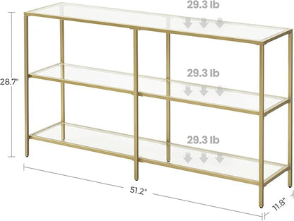VASAGLE 51.2 Inch Console Table with 3 Shelves, Sofa Tables, Modern Entryway Table, Metal Frame, Tempered Glass Shelf, Entryway Living Room Bedroom, Metallic Gold and Transparent ULGT024A01