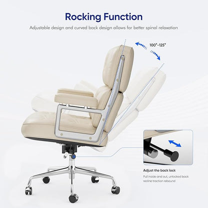 Genuine Leather Office Chair, Mid Back Executive Desk Chairs with Aluminum Arms and Wheels, Swivel Office Leather Chair with Thickened Backrest and Ergonomic Lumbar Support, White