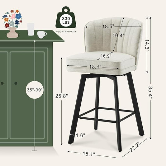 Swivel Counter Height Bar Stools Set of 4, 26'' Modern Barstools with Backs and Metal Legs, Upholstered Bar Chairs, Beige, Fabric Stools for Kitchen Island Chairs