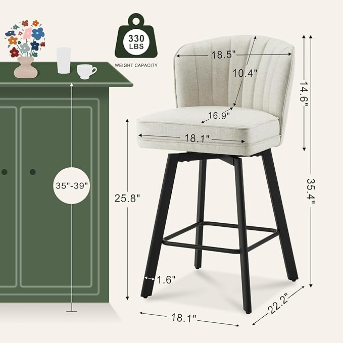 Swivel Counter Height Bar Stools Set of 3, 26'' Modern Barstools with Backs and Metal Legs, Upholstered Bar Chairs, Beige, Fabric Stools for Kitchen Island Chairs