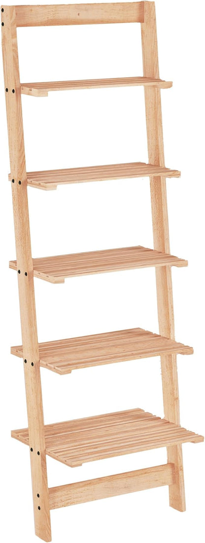 5-Tier Ladder Shelf - 50-Inch Narrow Leaning Bookshelf - Wooden Bookcase for Living Room, Bathroom, Kitchen, Office, or Bedroom Furniture by Lavish Home (Oak)