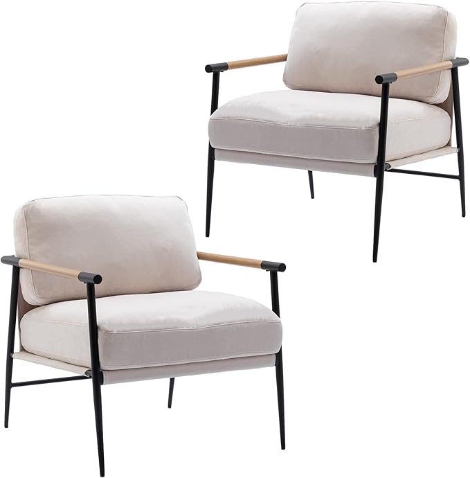 DUOMAY Mid-Century Modern Accent Chairs Set of 2 - Soft Linen Upholstered Lounge Reading Chair for Bedroom - Comfy Lightweight Livinig Room Chairs - Beige