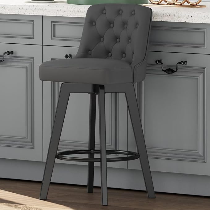 MINCETA Bar Stool, PU Leather Barstool, 30 Inch Upholstered Counter Stool with Low Tufted Back and Footrest, Swivel Counter Height Barstool for Kitchen Island Home Bar Dark Gray
