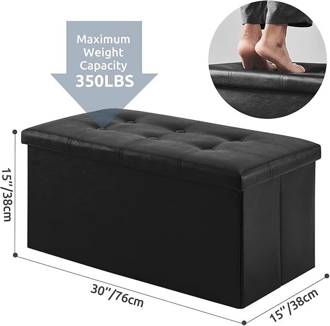YOUDENOVA 30 inches Folding Storage Ottoman, 85L Storage Ottoman Bench for Living Bedroom and Hallway, Faux Leather Black Footrest with Foam Padded Seat, Black