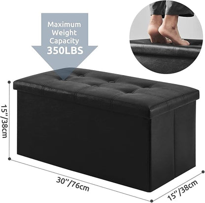 YOUDENOVA 30 inches Folding Storage Ottoman, 85L Storage Ottoman Bench for Living Bedroom and Hallway, Faux Leather Black Footrest with Foam Padded Seat, Black