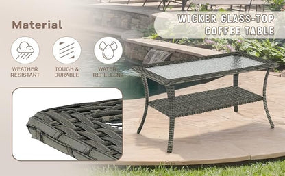 Swivel Patio Chairs sofa Set of 7 with 6" Thick Cushion - Wicker Outdoor Swivel Rocker Patio Chair ,Sofa/Glass coffee table, High Back Comfortable Outdoor Glider Chairs - Gery Wicker | Gery Cushions