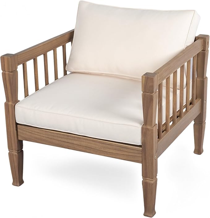 Scott Living Darla 4 Piece Outdoor Rustic Acacia Wood Seating Set, 4 Seater Conversation Set, Acacia Wood Loveseat and Club Chairs, Sofa Set with Cushion, Retangular Coffee Table, Light Gray+Beige