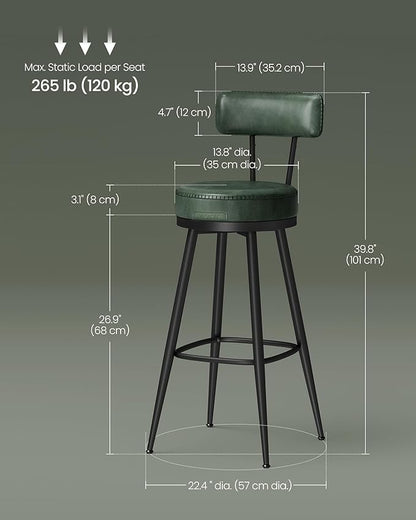 VASAGLE EKHO Collection - Bar Stools Set of 2, Swivel Bar Height Bar Stools with Back, Synthetic Leather with Stitching, Mid-Century Modern, 30-Inch Tall Barstools for Kitchen Home Bar, Forest Green