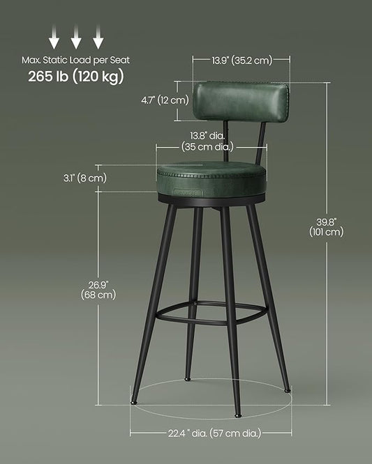VASAGLE EKHO Collection - Bar Stools Set of 2, Swivel Bar Height Bar Stools with Back, Synthetic Leather with Stitching, Mid-Century Modern, 30-Inch Tall Barstools for Kitchen Home Bar, Forest Green