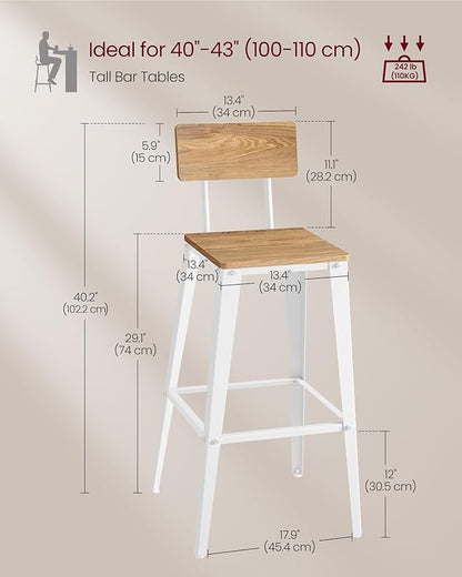 VASAGLE Set of 2 Bar Stools, Bar Height Stools, 29.1 Inches Tall Barstools with Back, Counter Bar Chairs for Kitchen Island, Steel Frame, Industrial Style, Easy Assembly, Wheat Brown and Cloud White