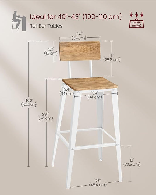 VASAGLE Set of 4 Bar Stools, Bar Height Stools, 29.1 Inches Tall Barstools with Back, Counter Bar Chairs for Kitchen Island, Steel Frame, Industrial Style, Easy Assembly, Wheat Brown and Cloud White