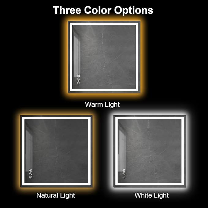 Awoco 36''x36'' LED Bathroom Mirror with Light, Lighted Vanity Mirror with Backlit and Front Light, Dimmable Anti-Fog Memory Function Lighted Mirror with 3 Colors for Bathroom Wall