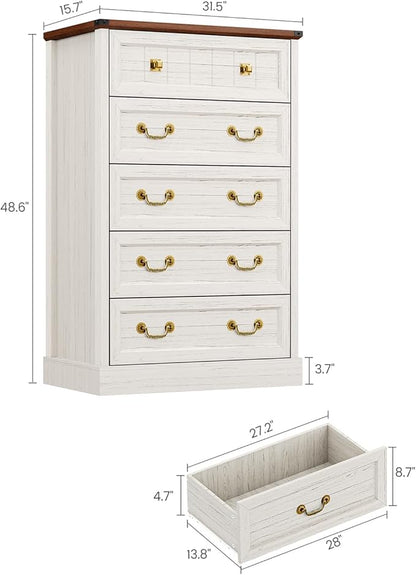 AOGLLATI Farmhouse 5 Drawers Dresser for Bedroom, 48” Tall Wood Rustic Chest of Drawers with Natural Texture, Vintage Design, Black Storage Dresser for Bedroom,Antique White
