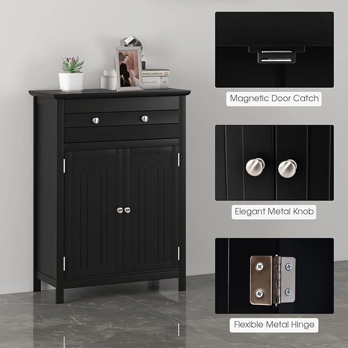 LOKO Bathroom Floor Cabinet, Kitchen Storage Cabinet with 1 Drawer, 2 Doors & 3-Position Adjustable Shelf, 2-Door Floor Storage Cabinet for Bathroom, Living Room, Entryway (Black)