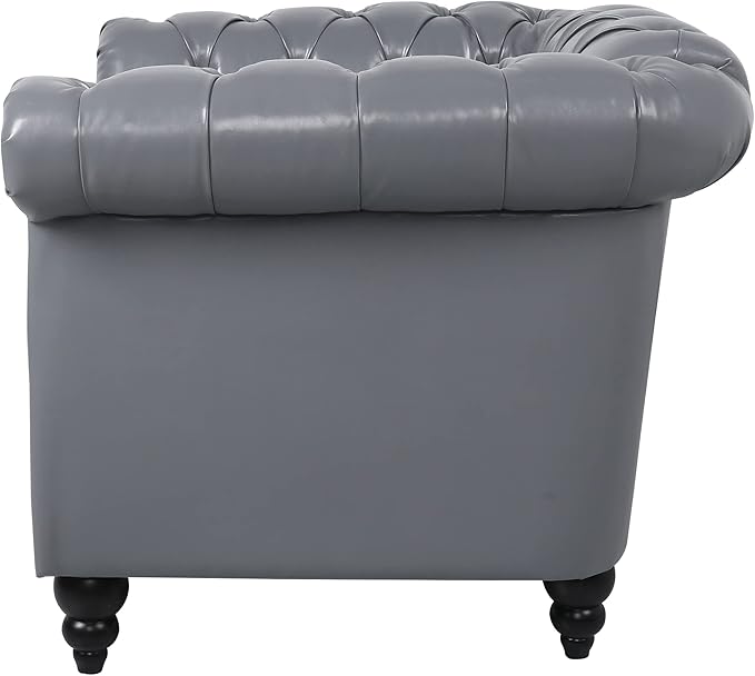 LEVNARY Leather Upholstered Armchair, Mid-Century Modern Single Sofa Chair with Rolled Arms and Nailhead, Tufted Pu Leather Chesterfield Chair for Home Bedroom Reading Room (Gray)