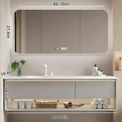 48IN Grey Bathroom Vanity Set - Floating Bathroom Vanity with Single Sink | Including LED Smart Defogging Mirror Cabinet & Time Display Function, Equipped with Motion Sensing Light Strip (Style A)