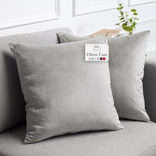 lalaLOOM Velvet Throw Pillow Covers, Set of 2, 18x18 Decorative Square Pillows Home Decor, Soft Accent Cases, Silky Machine Washable Pillowcases for Sofa, Couch, Bedroom, Living Room, Light Gray