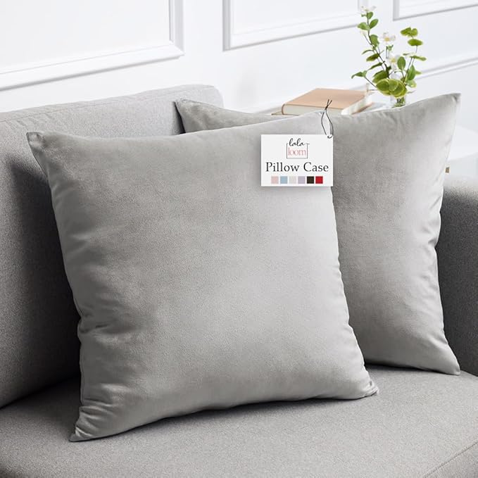 lalaLOOM Velvet Throw Pillow Covers, Set of 2, 20x20 Decorative Square Pillows Home Decor, Soft Accent Cases, Silky Machine Washable Pillowcases for Sofa, Couch, Bedroom, Living Room, Light Gray