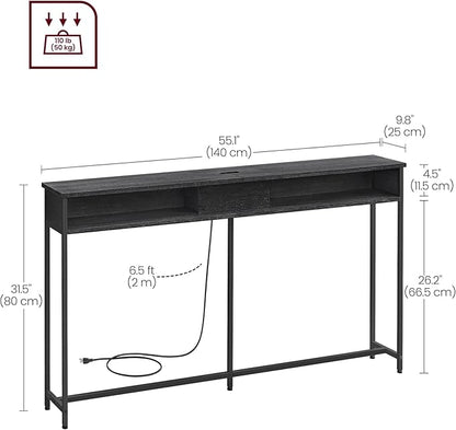 VASAGLE 55.1-Inch Console Table with Outlet and Shelves, Sofa Table with Charging Station, Behind Couch Table Skinny, Entryway Table for Hallway, Living Room, Charcoal Gray and Ink Black ULNT120B22