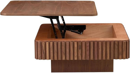 Square Lift-top Coffee Table for Living Room, Fluted Coffee Tables with Hidden Storage, Solid Wood Veneered Modern Tea Center Table for Small Space Apartment (Walnut-35.43''D×14.57''H)