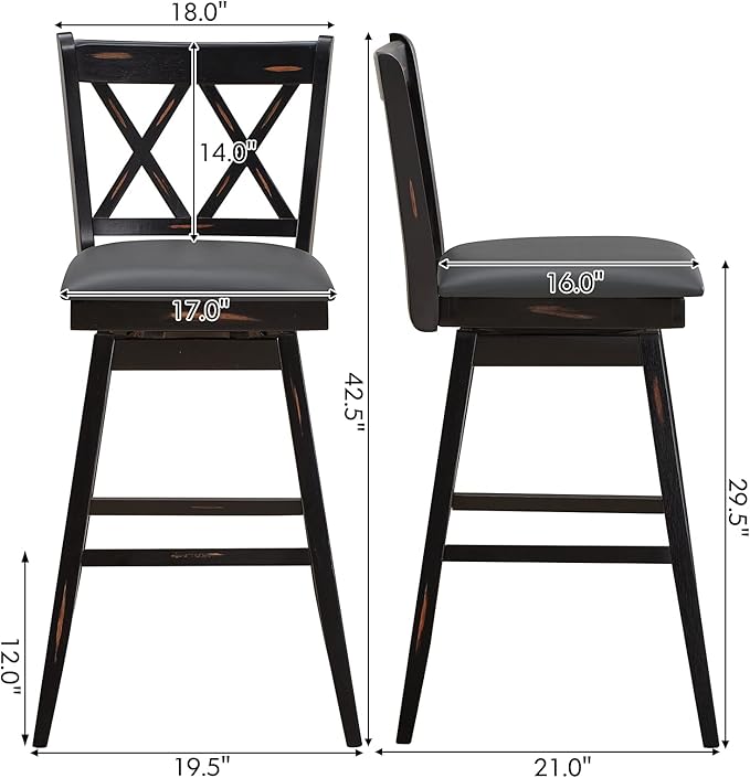 COSTWAY Bar Stool Set of 2, 360 ° Swivel Counter Height 29.5 inch Bar Stool with Foot Rest Upholstered Cushion & Ergonomic Backrest, Premium Foot Rest & Sturdy Frame (4, Black + Grey)