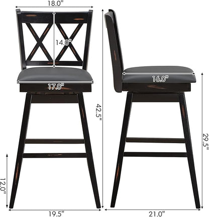 COSTWAY Bar Stool Set of 2, 360 ° Swivel Bar Height 29.5 inch Bar Stool with Foot Rest Upholstered Cushion & Ergonomic Backrest, Sturdy Frame, for Pub, Restaurant, Home (2, Black + Grey)