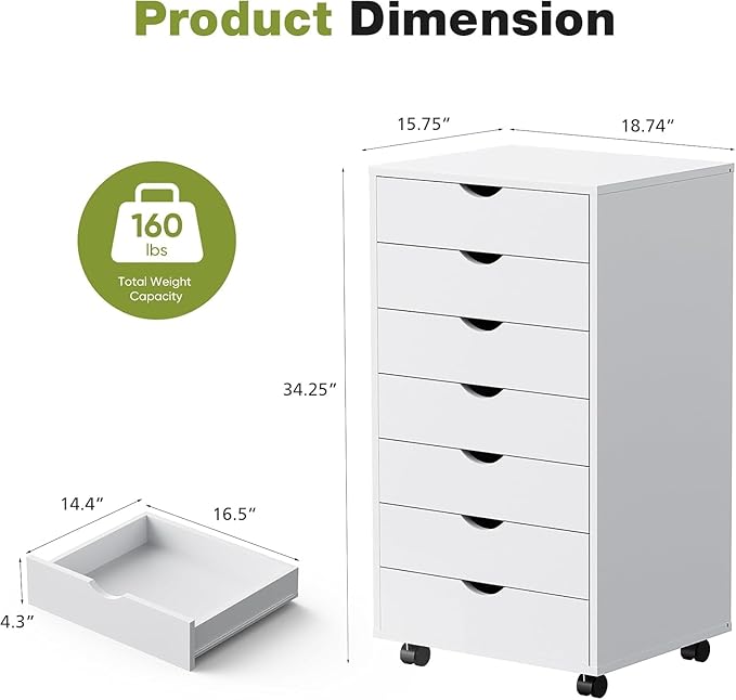 7 Drawer Chest, Storage Cabinet Dressers with Wheels, Dressers Storage Cabinets, Dresser Mobile Cabinet with Wheels, Room Organizer, Small Drawers Wood Organization Furniture for Office, Home, White