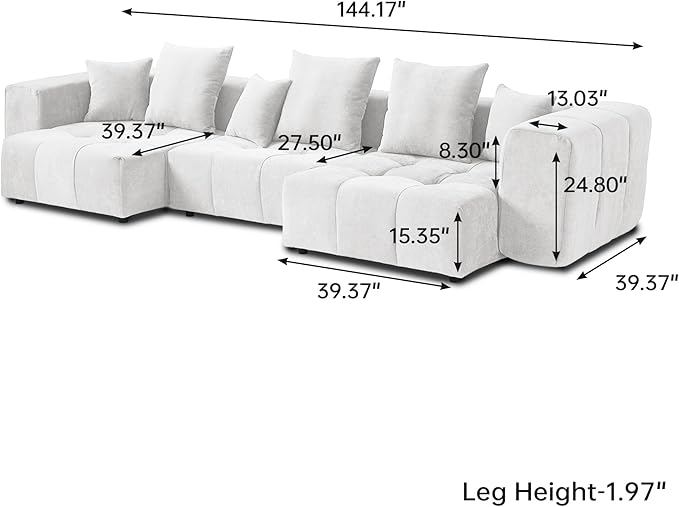 WJShome 144" Sectional Couches for Living Room,Modular Sectional Sofa, U Shaped Couch, Linen Deep Seat Cloud Couches with Pillow for Living Room,White