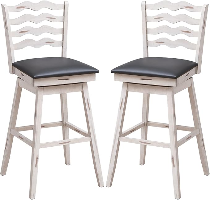 COSTWAY Bar Stools Set of 2, 29” 360° Swivel Bar Height Chairs with Rubber Wood Frame, Cushioned Seat, Ergonomic Backrest & Footrest, Wooden Upholstered Barstools for Kitchen Island (2, 29”)