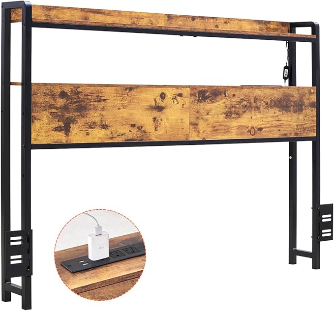 VEVOR Headboard for Full Size Bed, Adjustable Height Headboard with 2 Shelves Storage, Freestanding Head Board with Charging Station and LED Light for Different Bed Frames, Easy Assembly, Brown