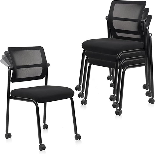 CLATINA Stacking Armless Office Guest Chair with Wheels, Stackable Mesh Waiting Room Reception Desk Chairs with Adjustable Backrest for Conference Lobby Side School, Black, 4PK