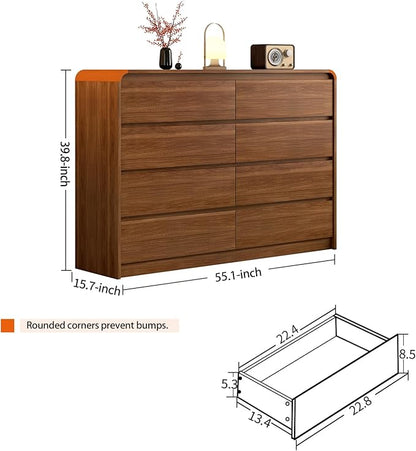 8 Drawer Dresser For Bedroom 55 Inch Wood Chest of Drawers - Curved Anti Collision, Mid Century Dresser For Closet with Natural Texture & Pre-Embedded Slots for TV Stand, Living Room, Nursery