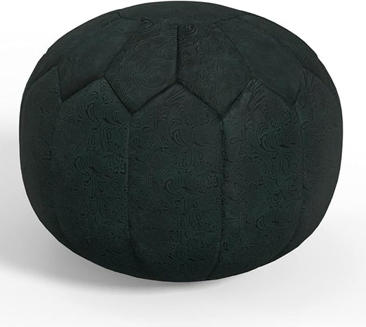SIMPLIHOME Drury Boho Round Pouf in Teal Patterened Genuine Leather for the Living Room, Bedroom and Kids Room