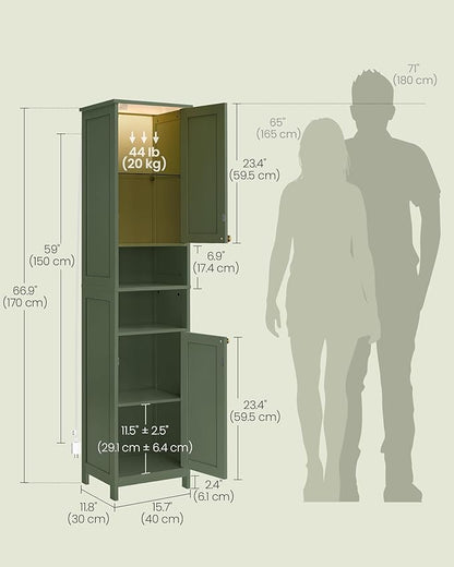 VASAGLE Tall Storage Cabinet with Lights, Slim Freestanding Cabinet with Adjustable Shelves, for Small Spaces, Bathroom, Living Room, Modern, 15.7 Inches Wide, Forest Green UBBC766C01