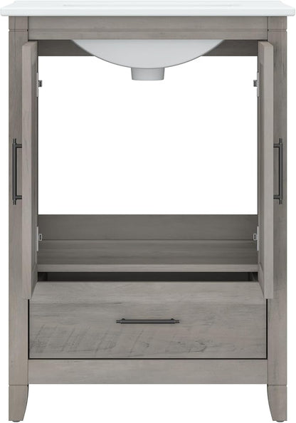 Bush Furniture Key West 32W Bathroom Vanity Sink with Mirror and Over The Toilet Storage Cabinet in Driftwood Gray