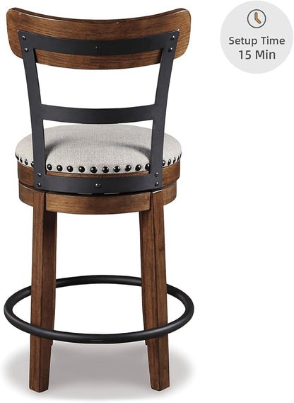 Signature Design by Ashley Valebeck Rustic Farmhouse Swivel Bar Stool – 24.5″ Counter Height, 360° Swivel Metal & Wood Frame, Polyester Upholstery – Brown