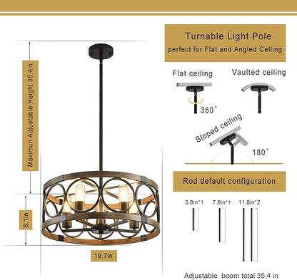Flush Mount Ceiling Light Fixture Ceiling Mount,5 Light Black Farmhouse Chandelier 19.7" Rustic Farmhouse Chandelier Modern Pendant Light Fixtures for Kitchen Lighting Fixture