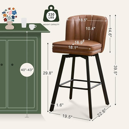 Swivel Counter Height Bar Stools Set of 3, 30'' Modern Barstools with Backs and Metal Legs, Upholstered Bar Chairs, Faux Leather Dark Brown Stools for Kitchen Island Chairs