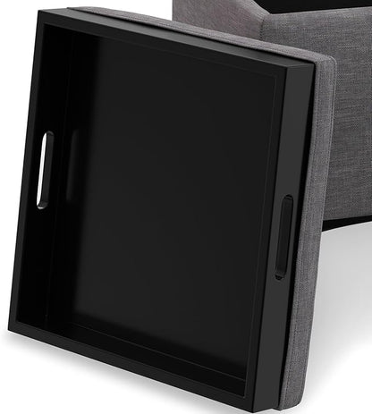 SIMPLIHOME Natasha 18 inch Wide Mid Century Square Mid Century Storage Ottoman with Tray in Slate Grey Polyester Linen, Assembled, For the Living Room, Entryway and Family Room