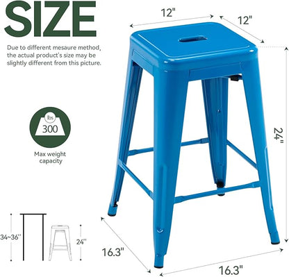 Vogue Furniture Direct 24 Inch Metal Bar Stools, Backless Counter Height Barstools, Indoor Outdoor Stackable Stools with Square Seat, Set of 2 (Blue)