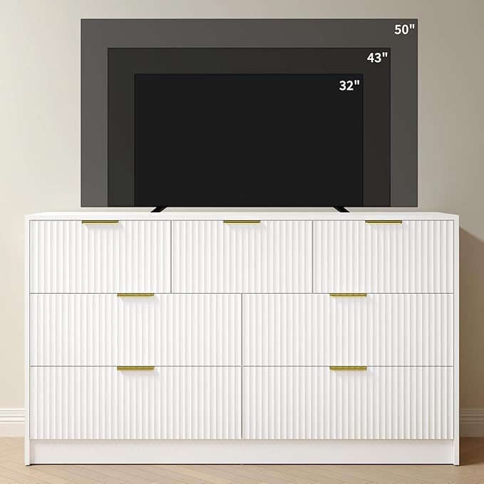 White 7 Drawer Dresser for Bedroom, 55” Wide Fluted Dresser with Gold Handles, Modern Chest of Drawer for Bedroom, Closet, Living Room, Entryway, Hallway, White