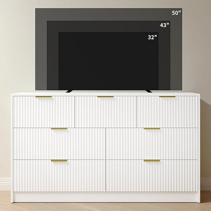 White 7 Drawer Dresser for Bedroom, 55” Wide Fluted Dresser with Gold Handles, Modern Chest of Drawer for Bedroom, Closet, Living Room, Entryway, Hallway, White