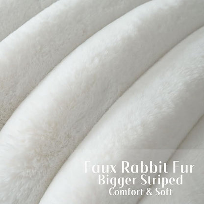 FUTEI Cream White Decorative Throw Pillow Covers 18x18 Inch Set of 2, Square Soft Faux Rabbit Fur Thick Striped Cushion Cover,Winter Home Decor for Couch Bed Living Room