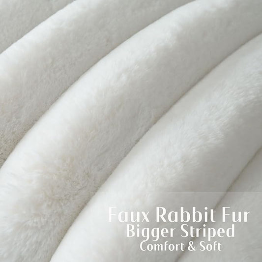 FUTEI Cream White Decorative Throw Pillow Covers 22x22 Inch Set of 2, Square Soft Faux Rabbit Fur Thick Striped Cushion Cover,Winter Home Decor for Couch Bed Living Room