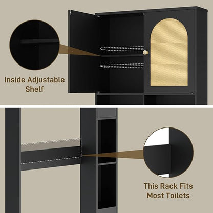 Vabches Rattan Toilet Storage Cabinet, Over Toilet Storage Wood Cabinet with 2 Doors & Toilet Paper Holder Stand, Bathroom Organizer Home Space Save Toilet Rack for Bathroom, Laundry, Restroom, Black