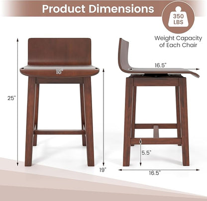 COSTWAY Swivel Solid Wood Dining Stools Set of 4, 19-inch Counter Height Chairs with Low Back, Footrest, Farmhouse Wooden Armless barstools for Kitchen Island, Dining Room, Cafe, Breakfast, Walnut
