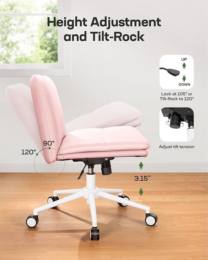 Marsail Armless-Office Desk Chair with Wheels: PU Leather Cross Legged Wide Chair,Comfortable Adjustable Swivel Computer Task Chairs for Home,Office,Make Up,Small Space,Bed Room, Pink