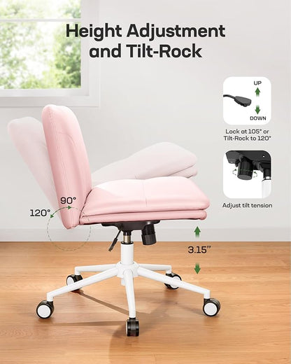 Marsail Armless-Office Desk Chair with Wheels: PU Leather Cross Legged Wide Chair,Comfortable Adjustable Swivel Computer Task Chairs for Home,Office,Make Up,Small Space,Bed Room, Pink