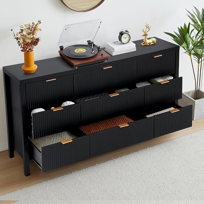 Fluted 9 Drawer TV Stand Dresser for Bedroom, Mid Century Modern Dresser with Drawers, Storage Organizer with 9 Drawers, Fluted Cabinet for Closet Cloth, Living Room, Entryway -Black